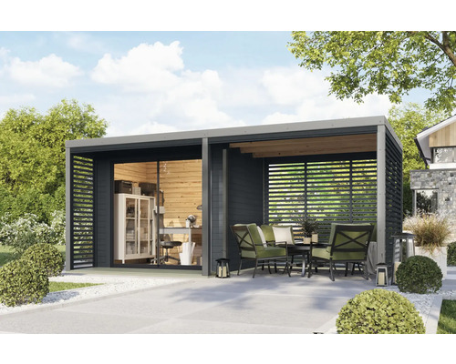 Maison de jardin moderne avec porte coulissante, terrasse avec coin salon et lames horizontales