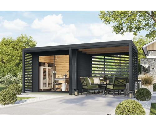 Abri de jardin moderne avec bureau et terrasse avec coin salon
