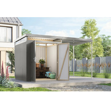 Abri de jardin en métal avec portes ouvertes et auvent