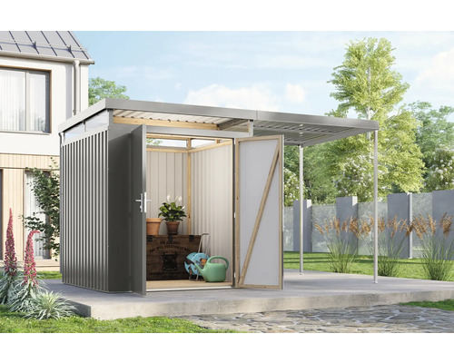 Abri de jardin en métal avec portes ouvertes et auvent