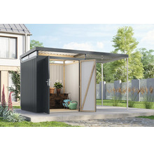 Abri de jardin moderne avec auvent ouvert et portes ouvertes dans le jardin
