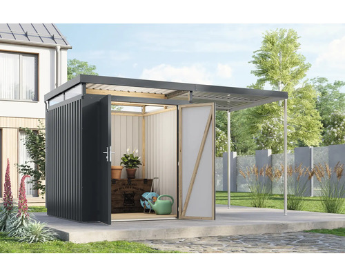 Abri de jardin moderne avec auvent ouvert et portes ouvertes dans le jardin