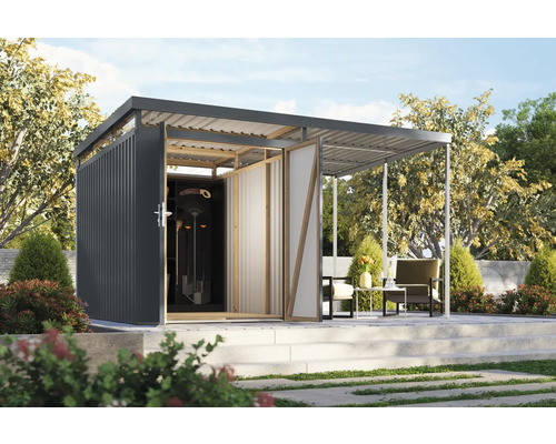 Abri de jardin avec portes ouvertes et abri intégré sur une terrasse avec mobilier de jardin