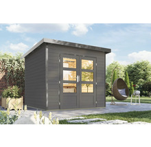 Holzgartenhaus mit Doppeltür und Fenster im Garten