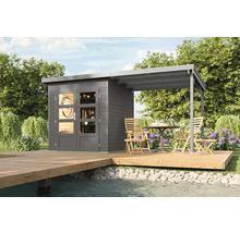 Graues Gartenhaus mit überdachter Terrasse auf einer Holzplattform am Wasser