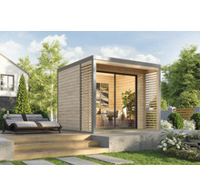 Abri de jardin moderne en bois avec façade en verre et terrasse