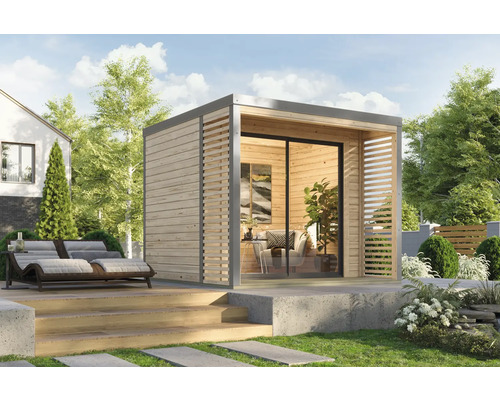 Abri de jardin moderne en bois avec façade en verre et terrasse