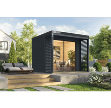 Pavillon de jardin moderne avec porte coulissante et revêtement en bois, entouré d'une terrasse avec chaises longues