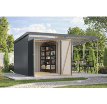 Abri de jardin avec étagères et coin salon extérieur sur une pelouse.
