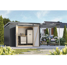 Abri de jardin avec établi et armoire à outils sur un terrain de jardin
