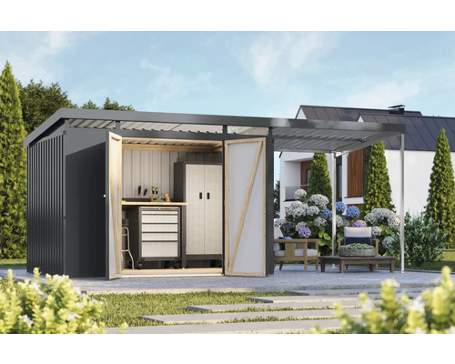 Abri de jardin avec établi et armoire à outils sur un terrain de jardin