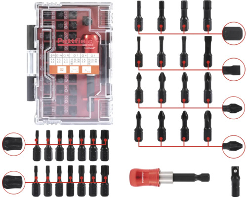 Bit Box Pattfield 32 pces, S2 Logo Pattfield Jeu de douilles avec différents embouts de tournevis et porte-embout