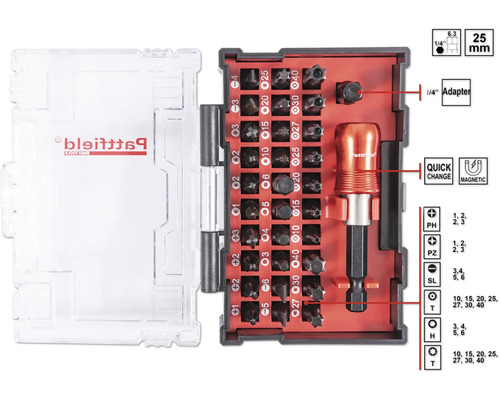 Jeu de douilles Pattfield avec tournevis et différents embouts dans un coffret de rangement transparent