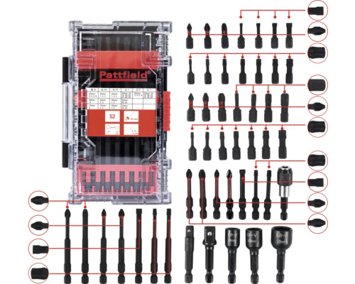 Kit d'embout de tournevis Pattfield 48 pces, S2 Logo Pattfield. Assortiment d'embouts de tournevis dans une boîte en plastique transparente