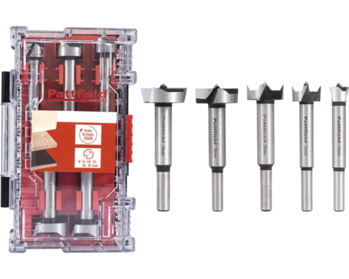 Set de mèches Forstner Pattfield avec différentes tailles dans une boîte de rangement