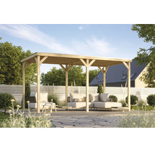 Holzpavillon mit Sitzgelegenheit im Garten
