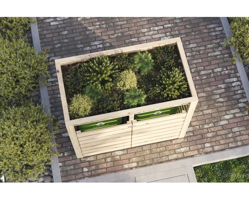 Vue de dessus d'un habillage de poubelle avec toit végétalisé sur une terrasse