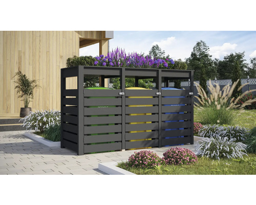 Cache-poubelle avec trois conteneurs pour le tri des déchets dans le jardin