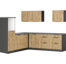 Gartenküche mit Spüle, Schränken und Regalen aus Holz und Metall