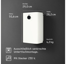 Warmwasserspeicher mit den Maßen 50,6 cm Höhe, 29 cm Breite und 28,2 cm Tiefe. Das Gewicht beträgt 4,2 kg. Ausschließlich senkrechte Untertischmontage mit Stecker 230 Volt.