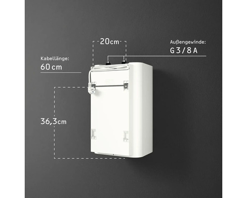 Abmessungen eines Warmwasserbereiters: Kabellänge 60 cm, Breite 20 cm, Höhe 36,3 cm, Außengewinde G 3/8 A.