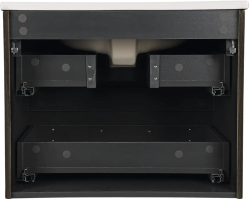 Innenansicht eines Waschtischunterschranks mit Schubladen