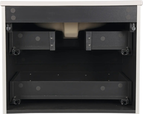 Innenansicht eines Badezimmerunterschranks mit Schubladen