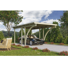 Carport aus Holz mit Auto auf einer Einfahrt in einem Garten