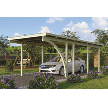 Carport aus Holz mit Auto im Garten