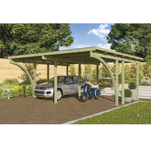 Carport aus Holz mit Auto und Motorroller