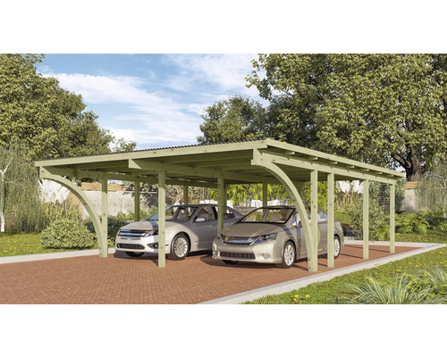 Doppelcarport aus Holz mit zwei parkenden Autos im Garten.