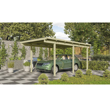 Carport aus Holz mit Auto im Garten
