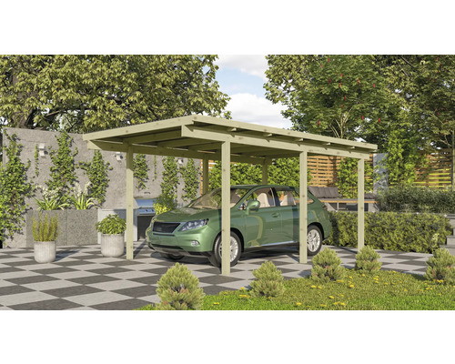 Carport aus Holz mit Auto im Garten