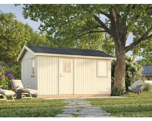 Abri de jardin en bois avec fenêtre et porte dans le jardin