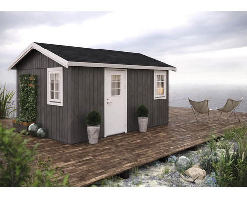 Gartenhaus mit Holzboden, Tür, Fenstern und Dekoration