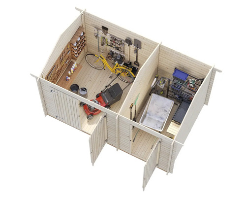 Vue intérieure d'une cabane de jardin en bois avec des étagères, des outils et du matériel de jardinage