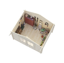 Vue intérieure d'une cabane de jardin avec outils, équipements et meubles