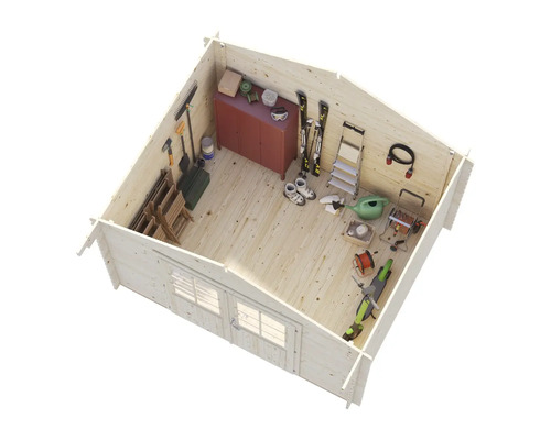 Vue intérieure d'une cabane de jardin avec outils, équipements et meubles