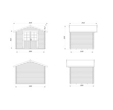 Dessin technique d'une cabane de jardin avec dimensions.