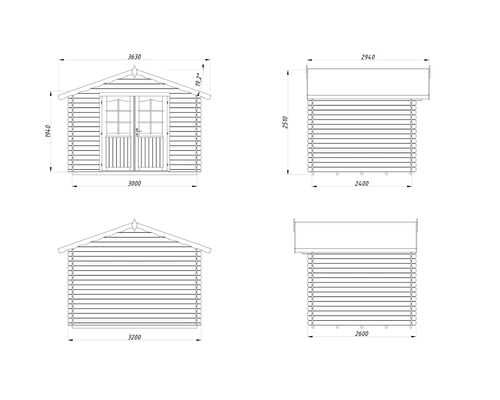 Dessin technique d'une cabane de jardin avec dimensions.