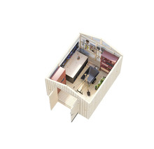 Vue intérieure d'une cabane de jardin lumineuse avec établi, mur d'outils, armoire, étagère et brouette