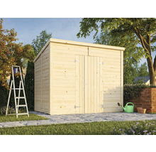 Holzgartenhaus mit Tür und Satteldach im Garten