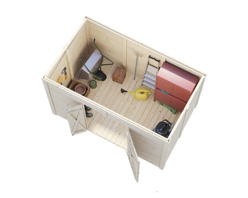 Innenansicht eines Gartenschuppens mit Gartengeräten und Werkzeugen