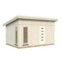 Holzgartenhaus mit Tür und Fenstern