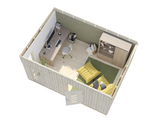 Innenansicht eines Gartenhauses mit Schreibtisch, Stuhl, Aufbewahrungsmöbeln und Sitzkissen