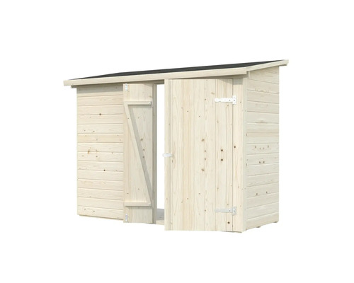 Holzschuppen mit geöffneter Tür zur Aufbewahrung von Gartengeräten