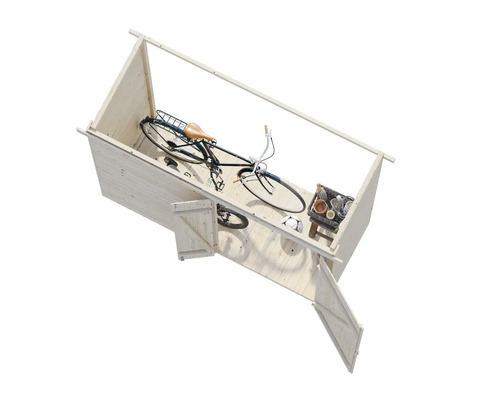 Holzfahrradgarage mit geöffneter Tür, Fahrrad, Fußball und Kiste