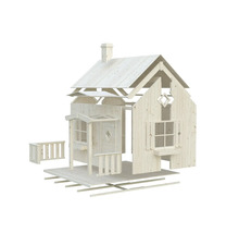 Explosiounszeechnung vun engem hëlze Spillhaus fir de Gaart mat Veranda a Fënsteren