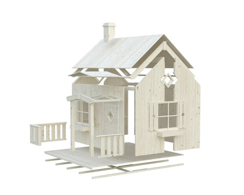 Explosiounszeechnung vun engem hëlze Spillhaus fir de Gaart mat Veranda a Fënsteren