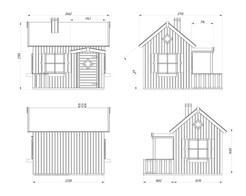 Technische Zeichnung eines Gartenhauses mit Maßangaben